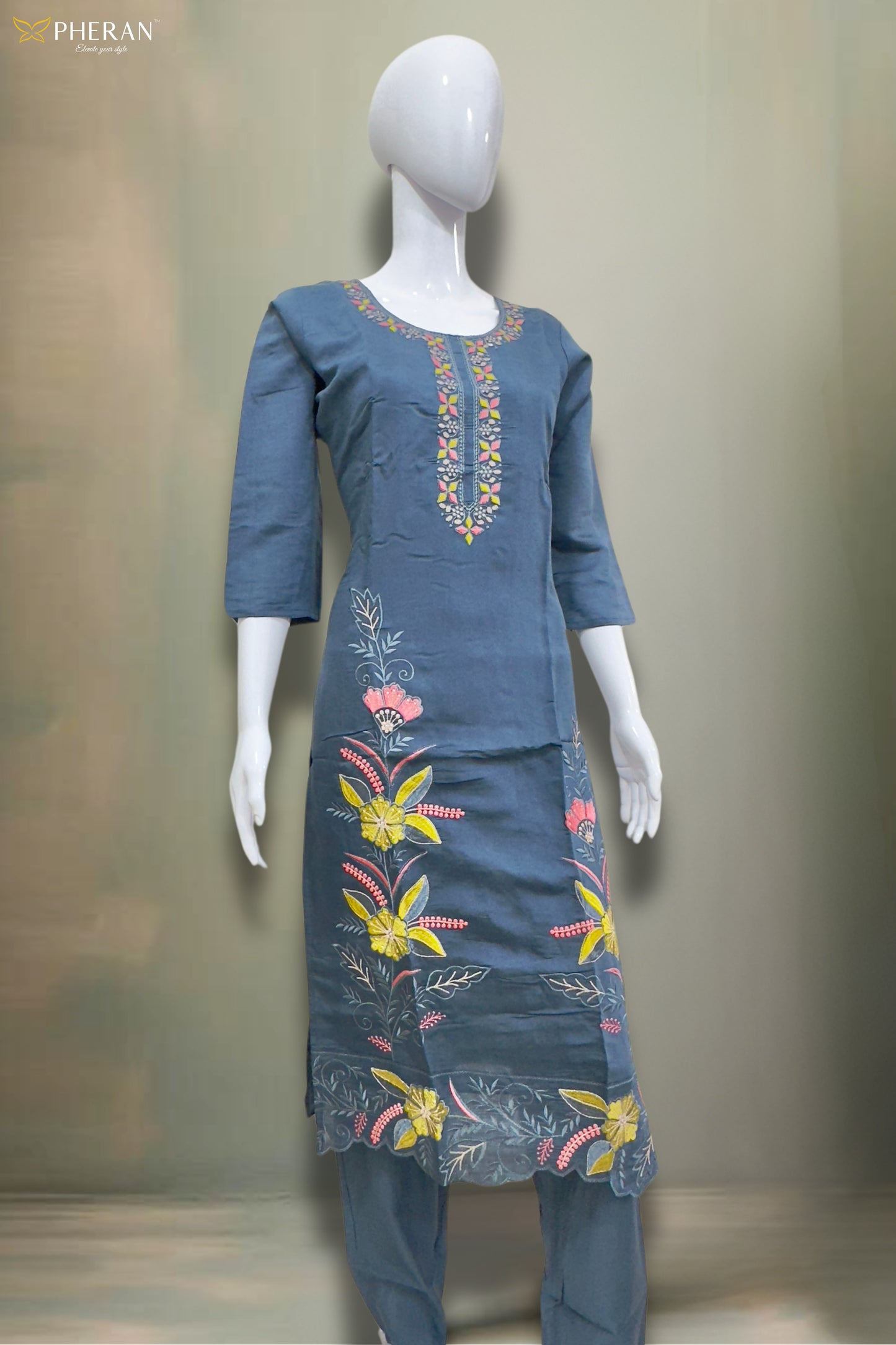 Pheran Slate Grey Embroidered Kurta Set with Organza Dupatta (A2-8GR-95S)