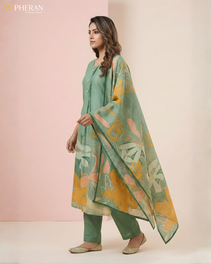 Pheran Women's Sage Green Premium Silk Cotton Suit Set  AM78