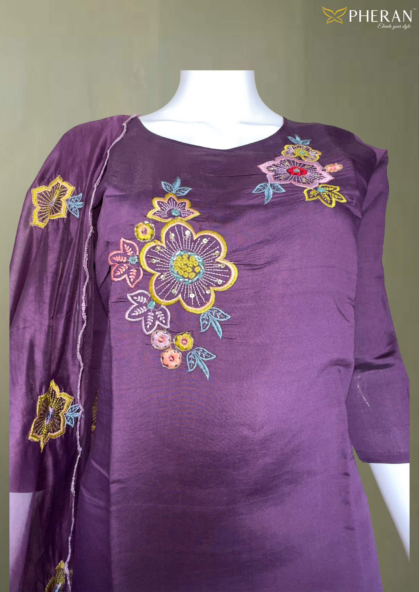 Pheran Purple Floral Embroidered Kurta Set with Dupatta (A2-PR-SU)