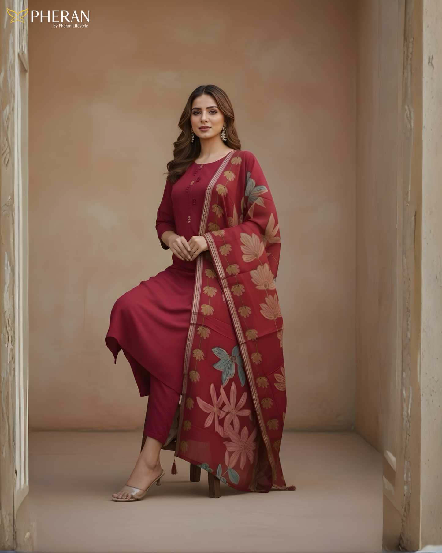 Pheran Women's Ruby Red Modal Suit Set with Floral Print Dupatta  AM75