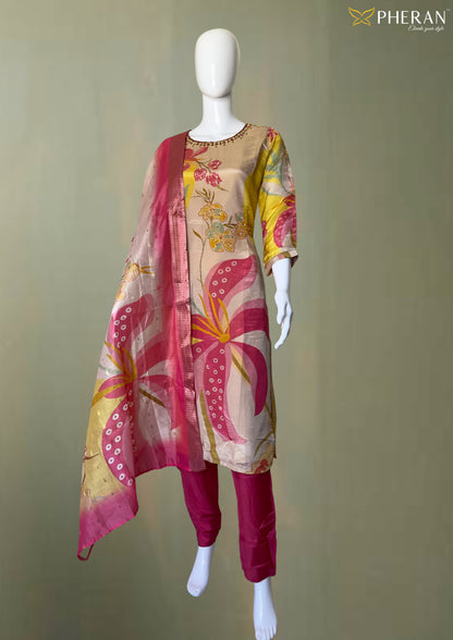 Pheran Multicolor Floral Silk Kurta Set with Dupatta (BO-3313-PK)