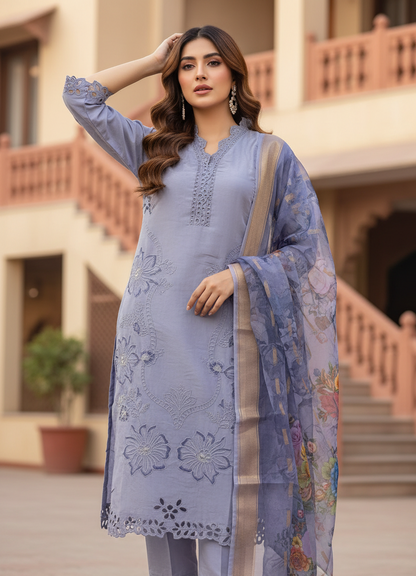 Pheran Women’s Lavender Cutwork Embroidered Kurta Set with Printed Dupatta (A2-2510-LV)