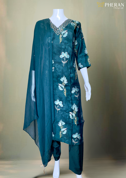 Pheran Teal Green Floral Printed Kurta Set with Embellished Neckline (M4-NU10-TB-SU)