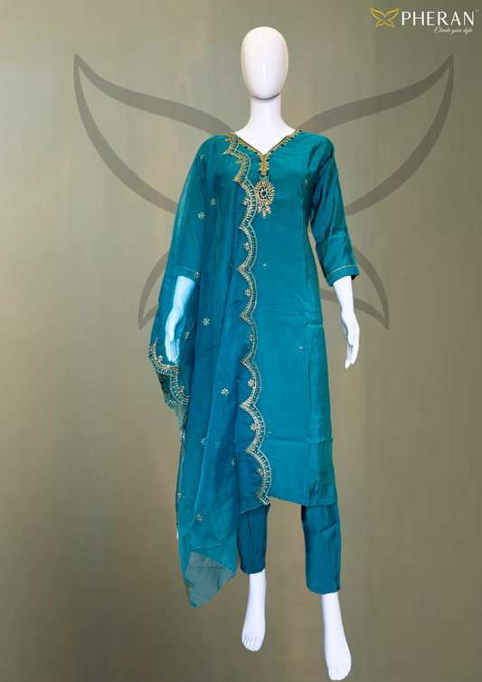 Pheran Women Teal Embroidered Kurta Set with Trousers and Dupatta (BO-DN-816)