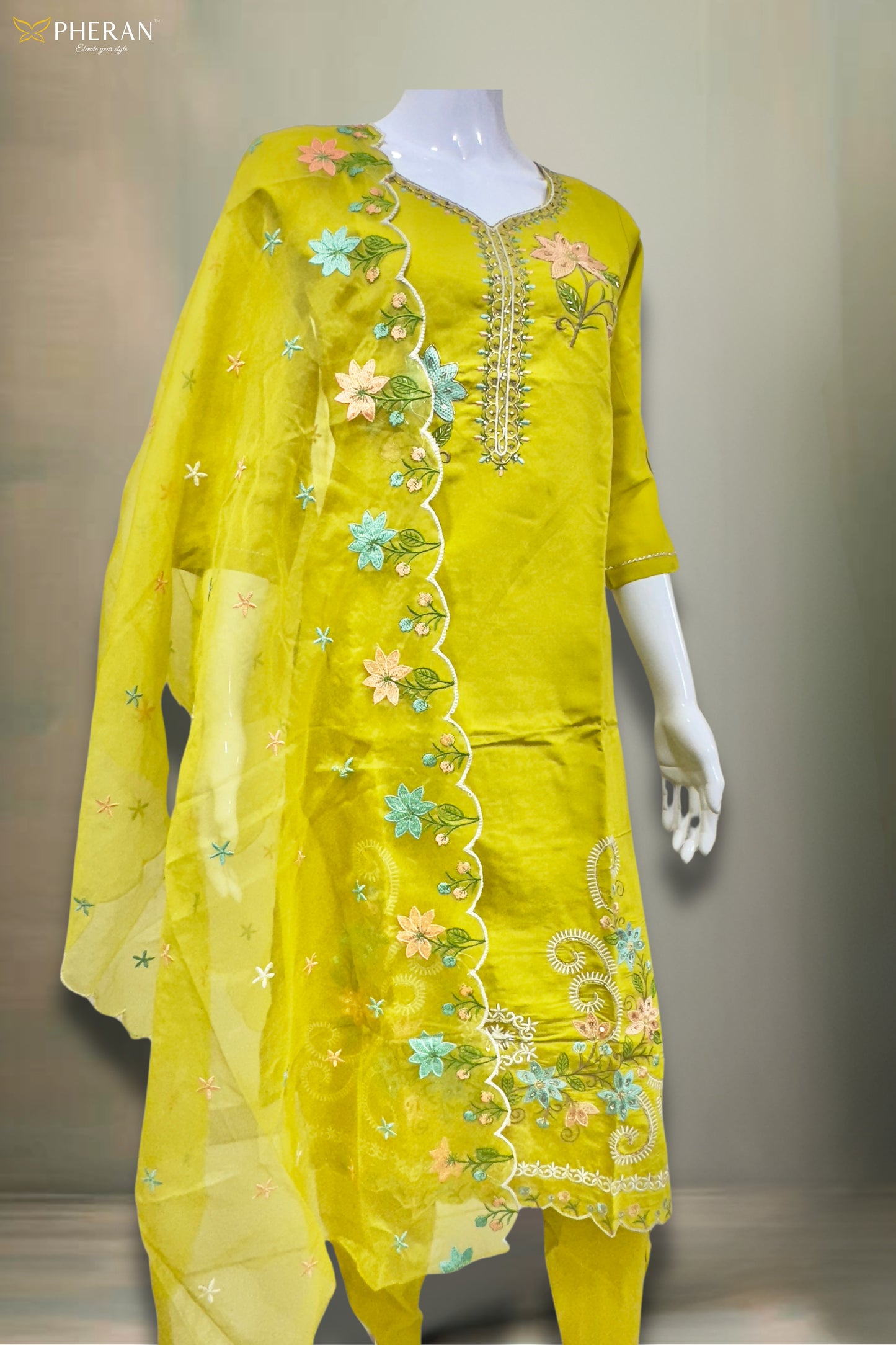 Pheran Women’s Lime Green Floral Embroidered Kurta Set with Dupatta (A2-2510-LG)