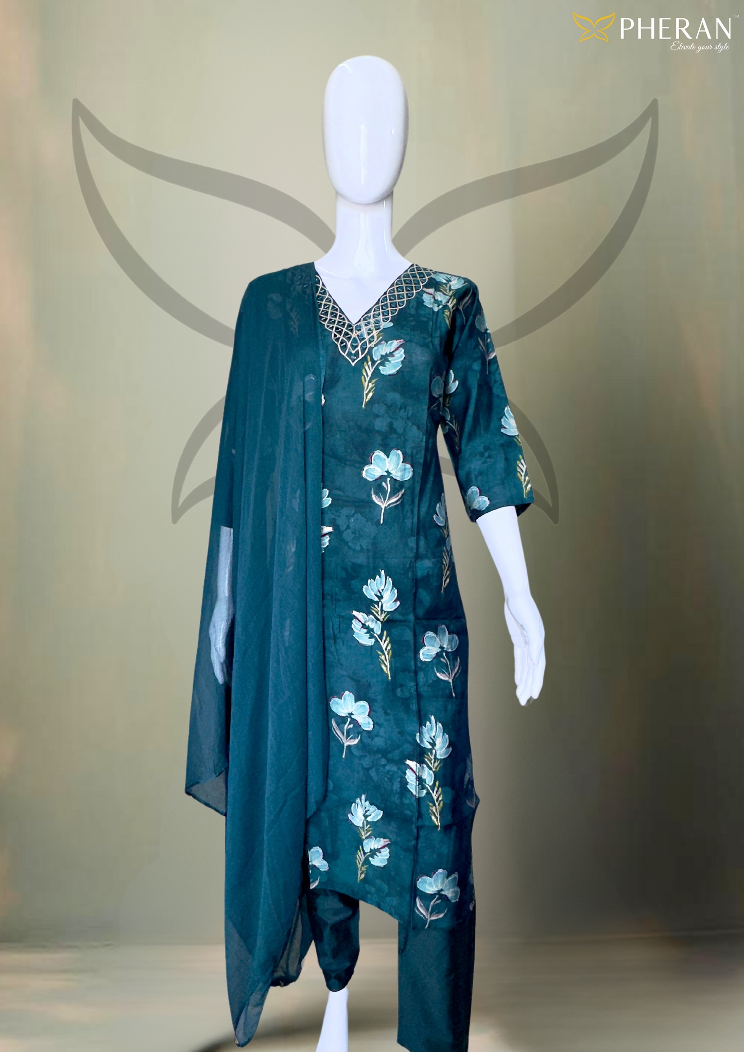 Pheran Teal Green Floral Printed Kurta Set with Embellished Neckline (M4-NU10-TB-SU)