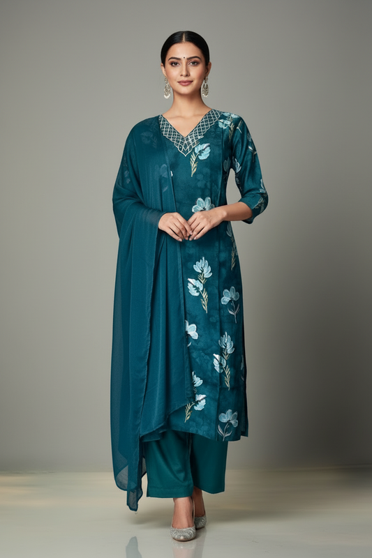 Pheran Teal Green Floral Printed Kurta Set with Embellished Neckline (M4-NU10-TB-SU)