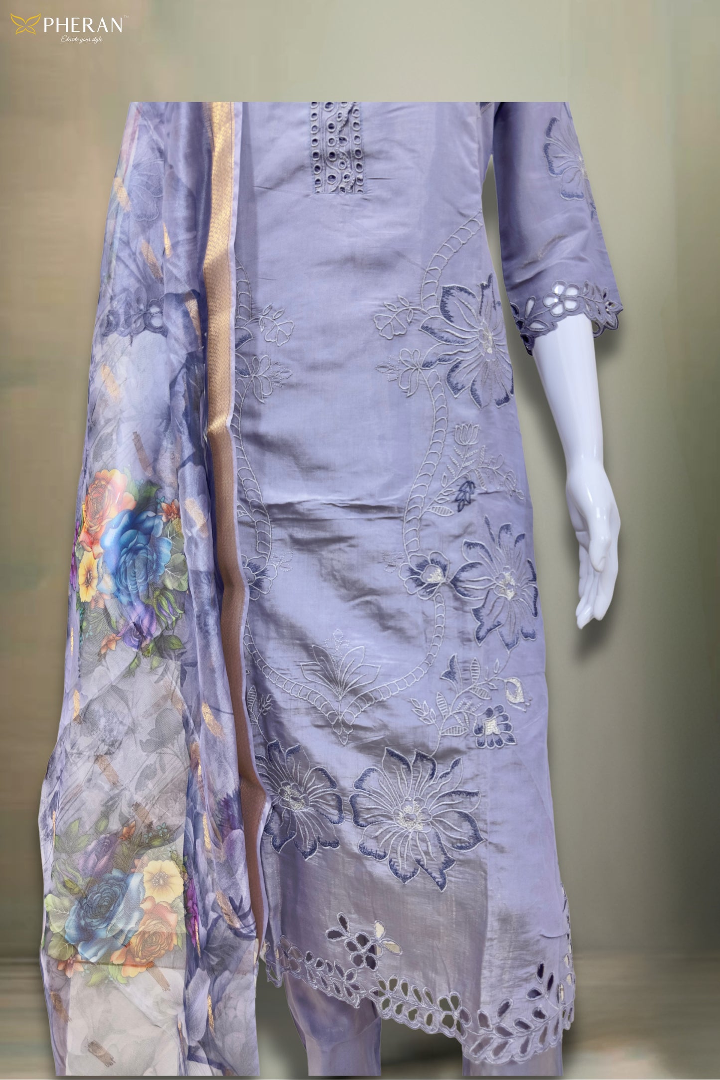 Pheran Women’s Lavender Cutwork Embroidered Kurta Set with Printed Dupatta (A2-2510-LV)