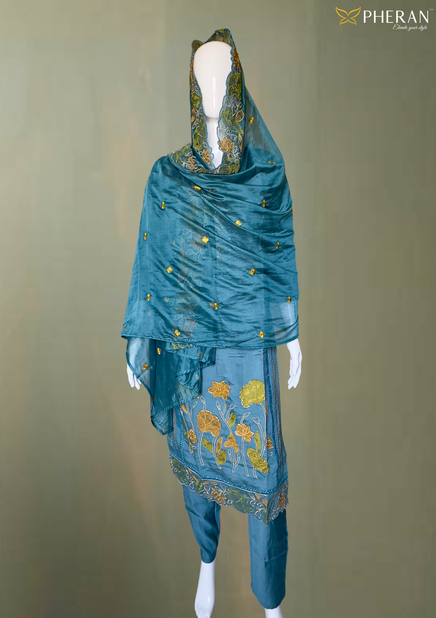 Pheran Teal Blue Floral Embroidered Kurta Set with Dupatta (A2-TB-SU)