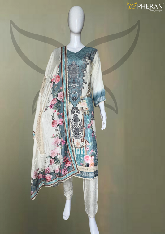 Pheran White and Blue Floral Digital Printed Kurta Set with Floral Embroidered Dupatta
(BO-CS-OW)