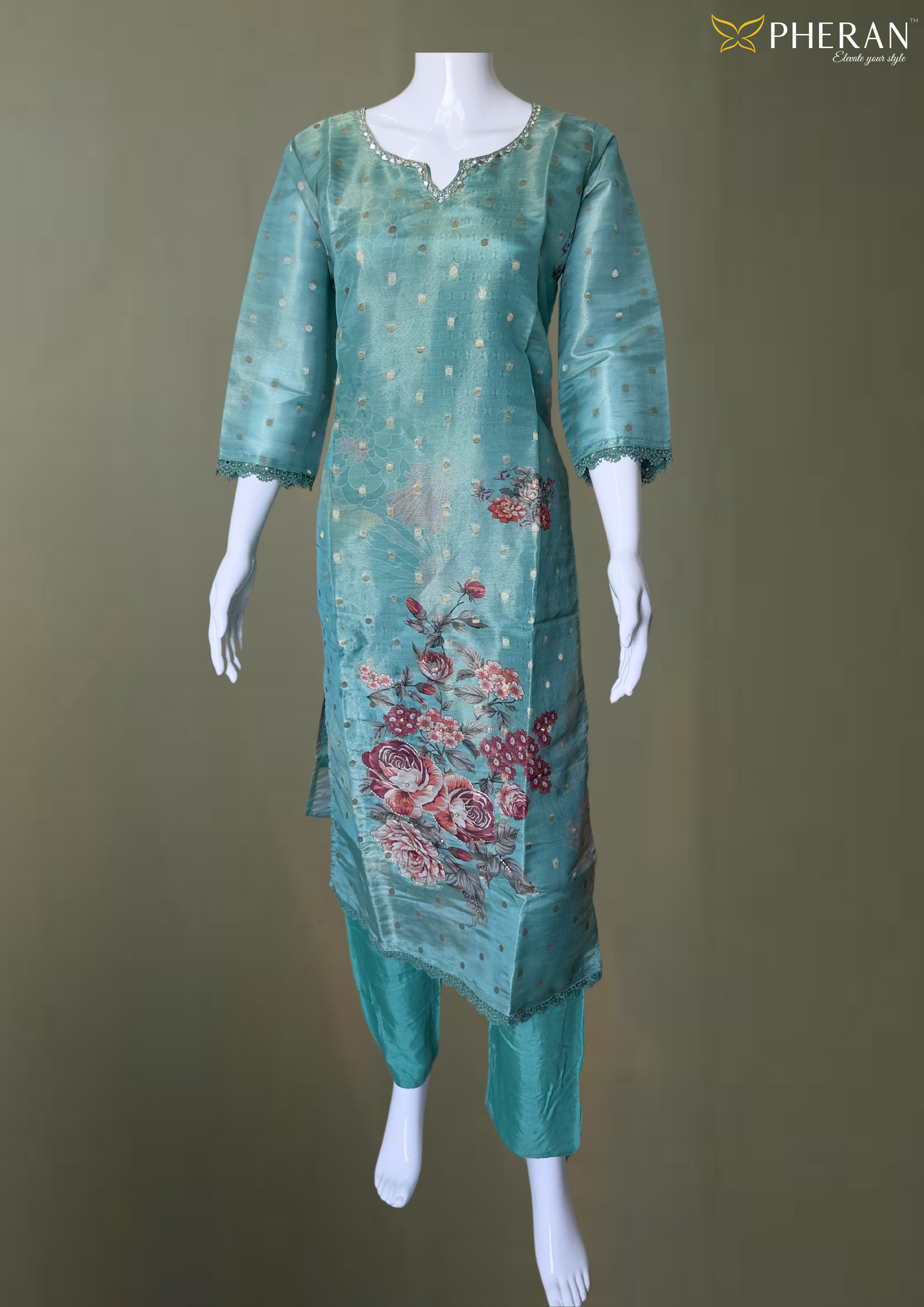 Pheran Teal Floral Printed Silk Kurta Set with Dupatta (BO-AU-05-RA)